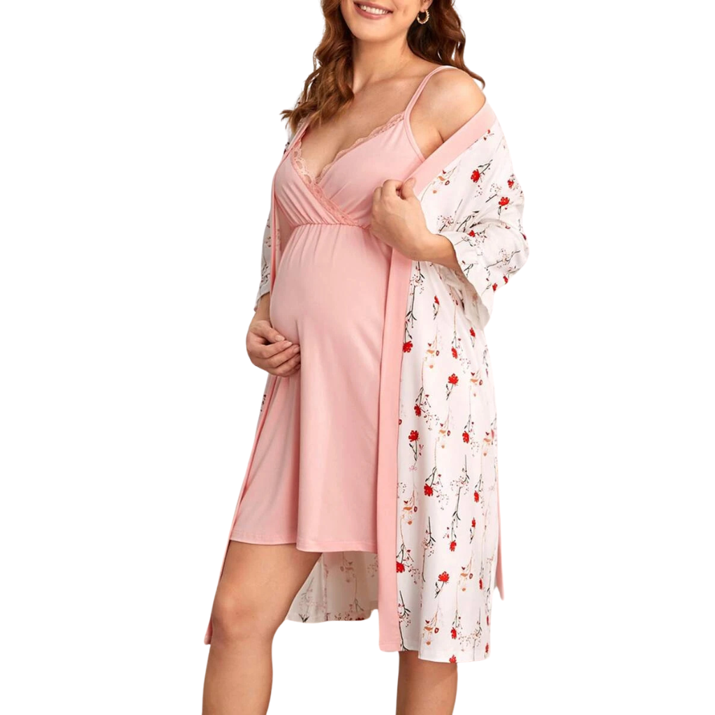 Camisola Floral com Robe para Gestante - Ama Mamma