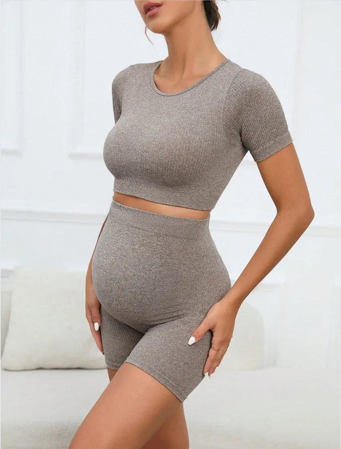Feminino maternidade 2 peças sem costura manga curta colheita superior legging define treino casual