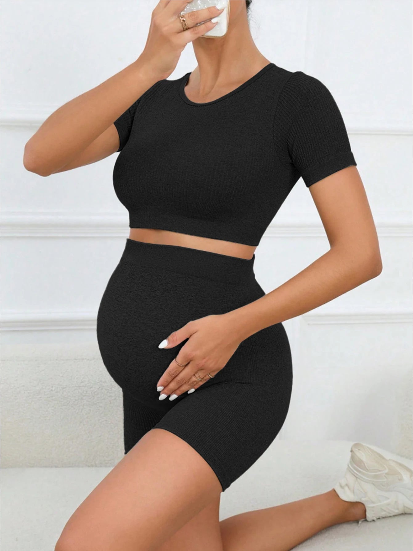 Feminino maternidade 2 peças sem costura manga curta colheita superior legging define treino casual