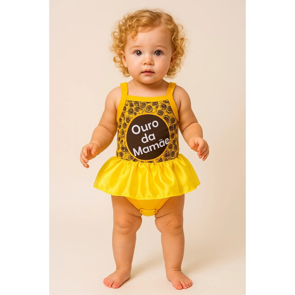 Body Bebê Mesversário com Tule e Laço 100% Algodão – Kit 3 Peças Temático Ouro da Mamãe